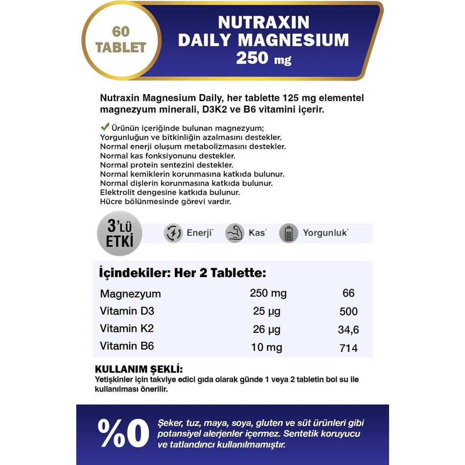 Nutraxin Magnesium Daily Energy 250 Mg 60 Tablet - Magnesium, D3, K2, B6 - MALLTURK