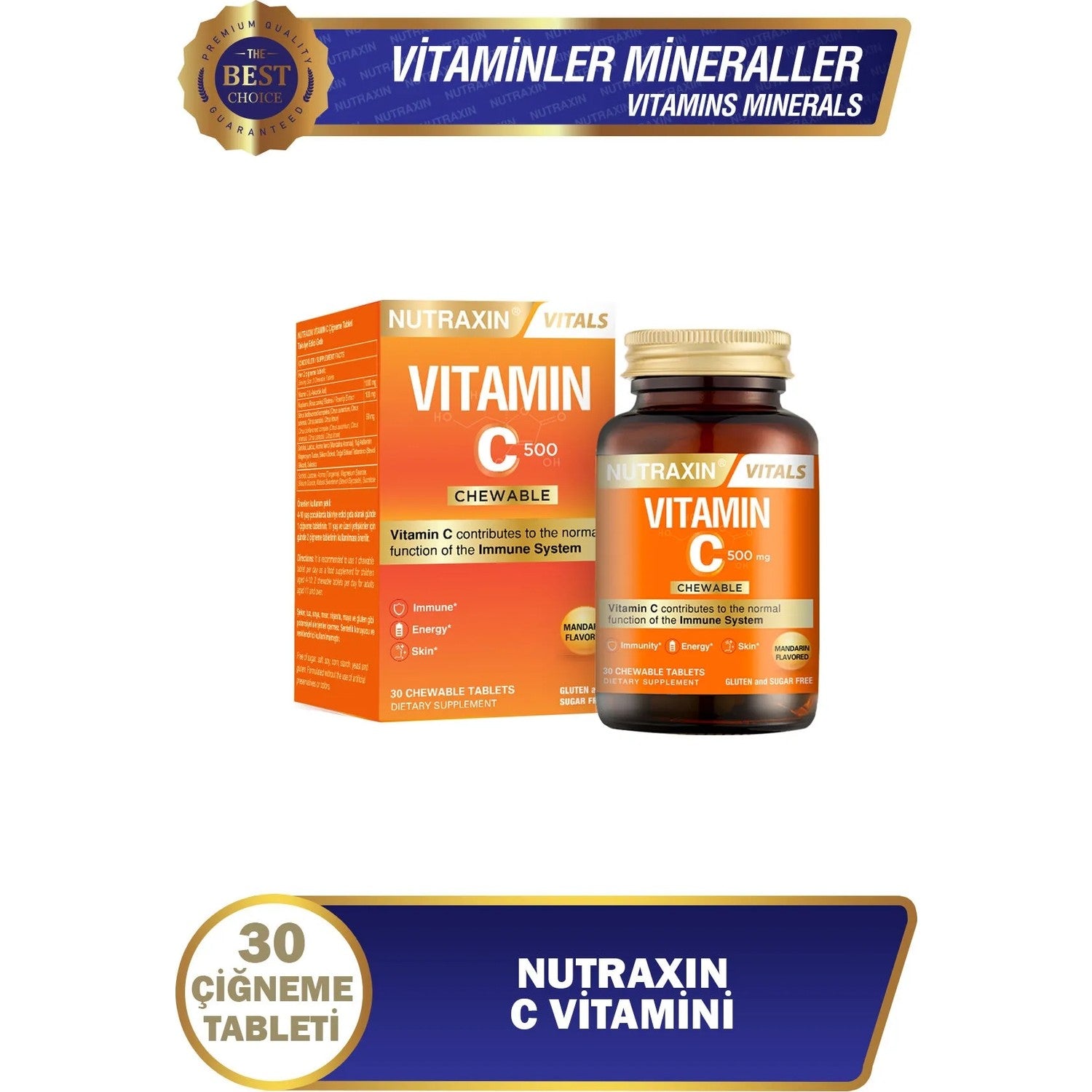 Nutraxin C Vitamin 500 Mg 30 Chewable Tablets Orange and Mandarin Flavor Immune Support - MALLTURK