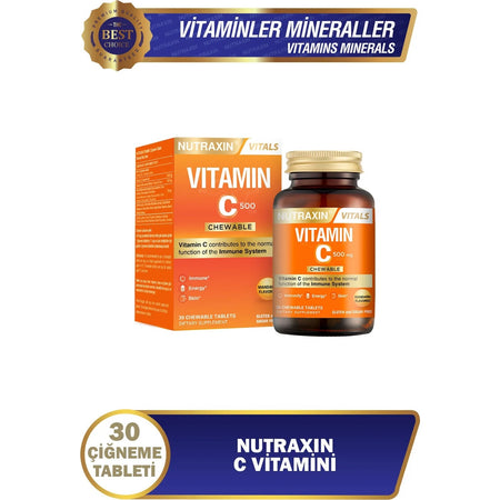 Nutraxin C Vitamin 500 Mg 30 Chewable Tablets Orange and Mandarin Flavor Immune Support - MALLTURK