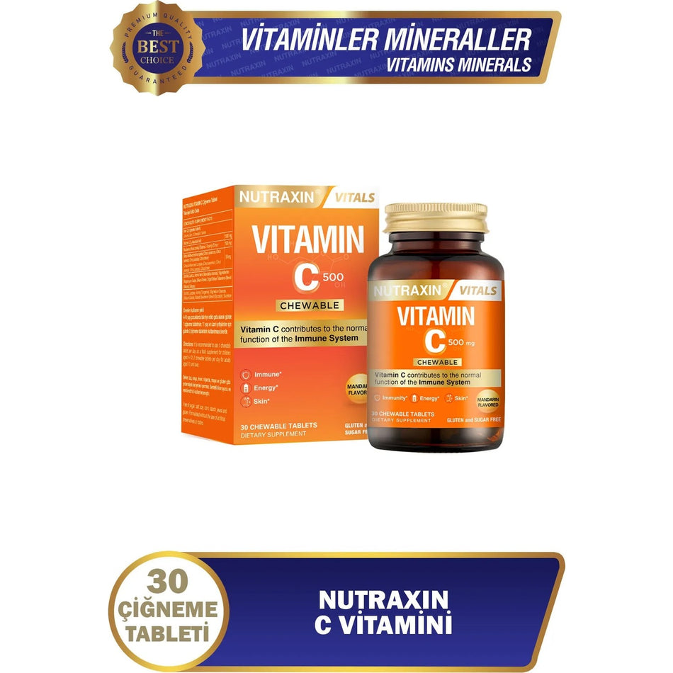 Nutraxin C Vitamin 500 Mg 30 Chewable Tablets Orange and Mandarin Flavor Immune Support - MALLTURK