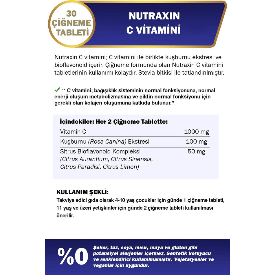 Nutraxin C Vitamin 500 Mg 30 Chewable Tablets Orange and Mandarin Flavor Immune Support - MALLTURK