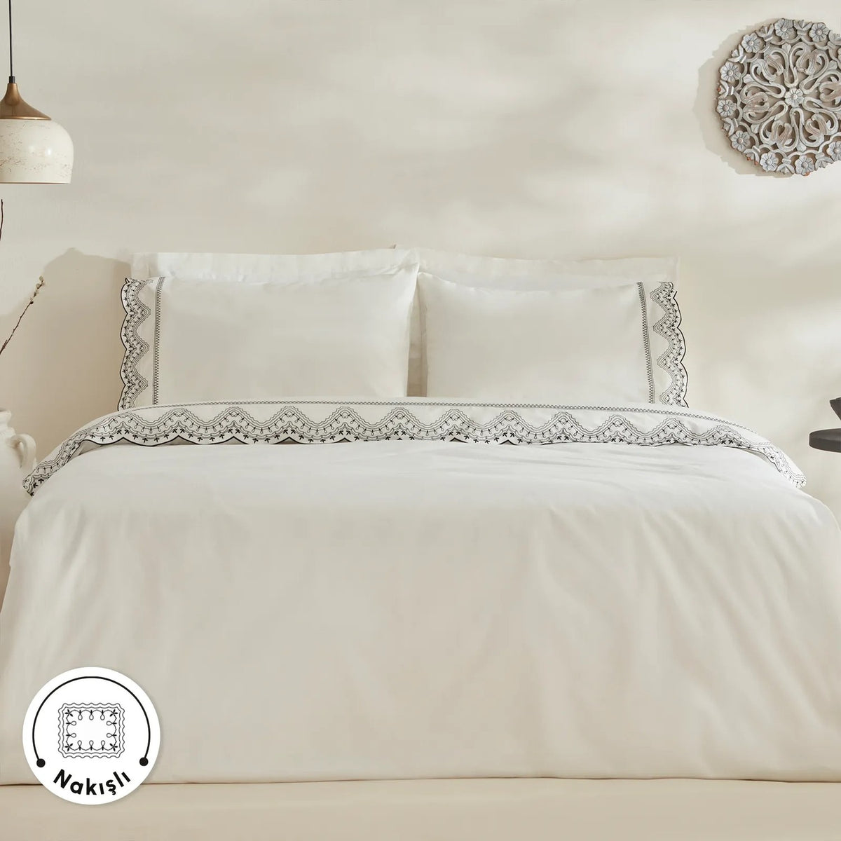 Karaca Home Orvin Double Embroidered Duvet Cover Set White - MALLTURK