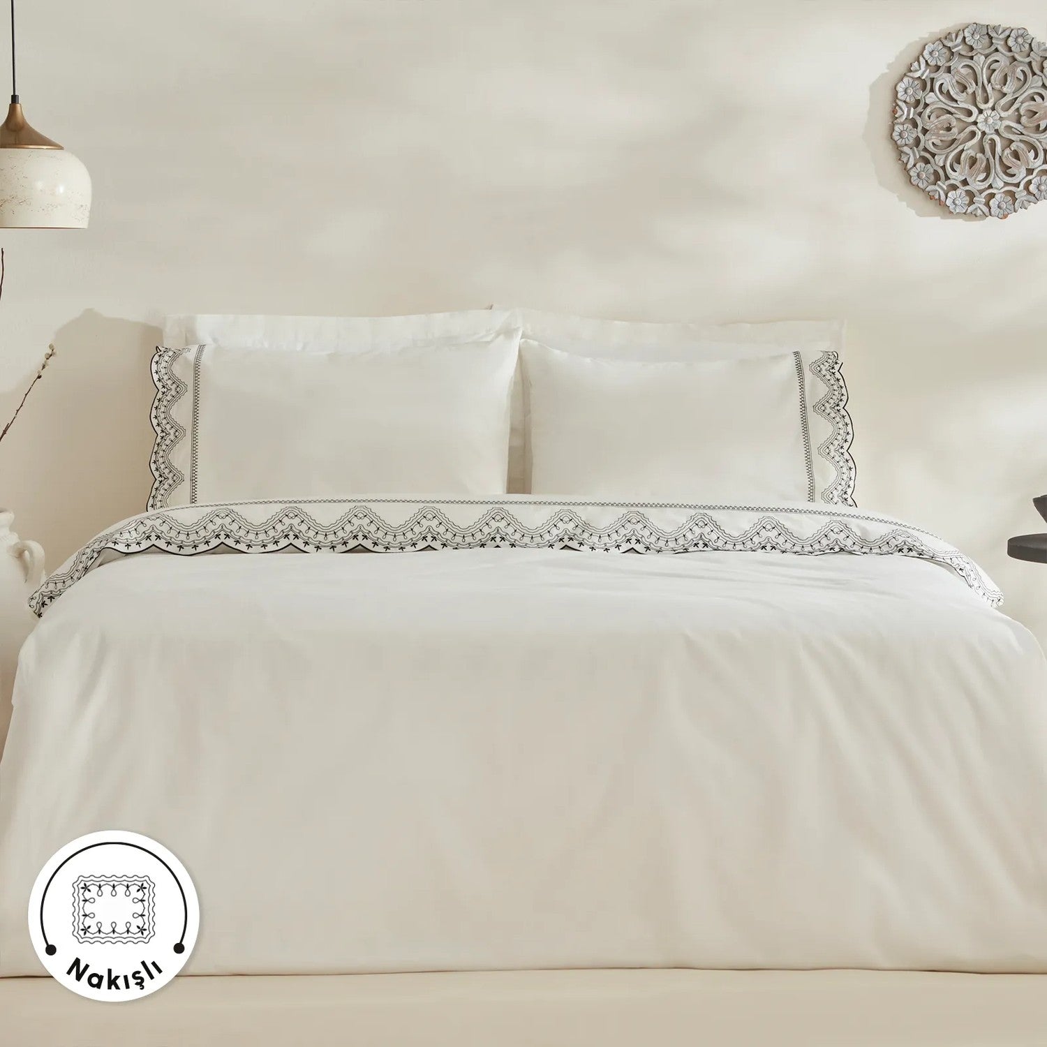 Karaca Home Orvin Double Embroidered Duvet Cover Set White - MALLTURK