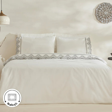Karaca Home Orvin Double Embroidered Duvet Cover Set White - MALLTURK