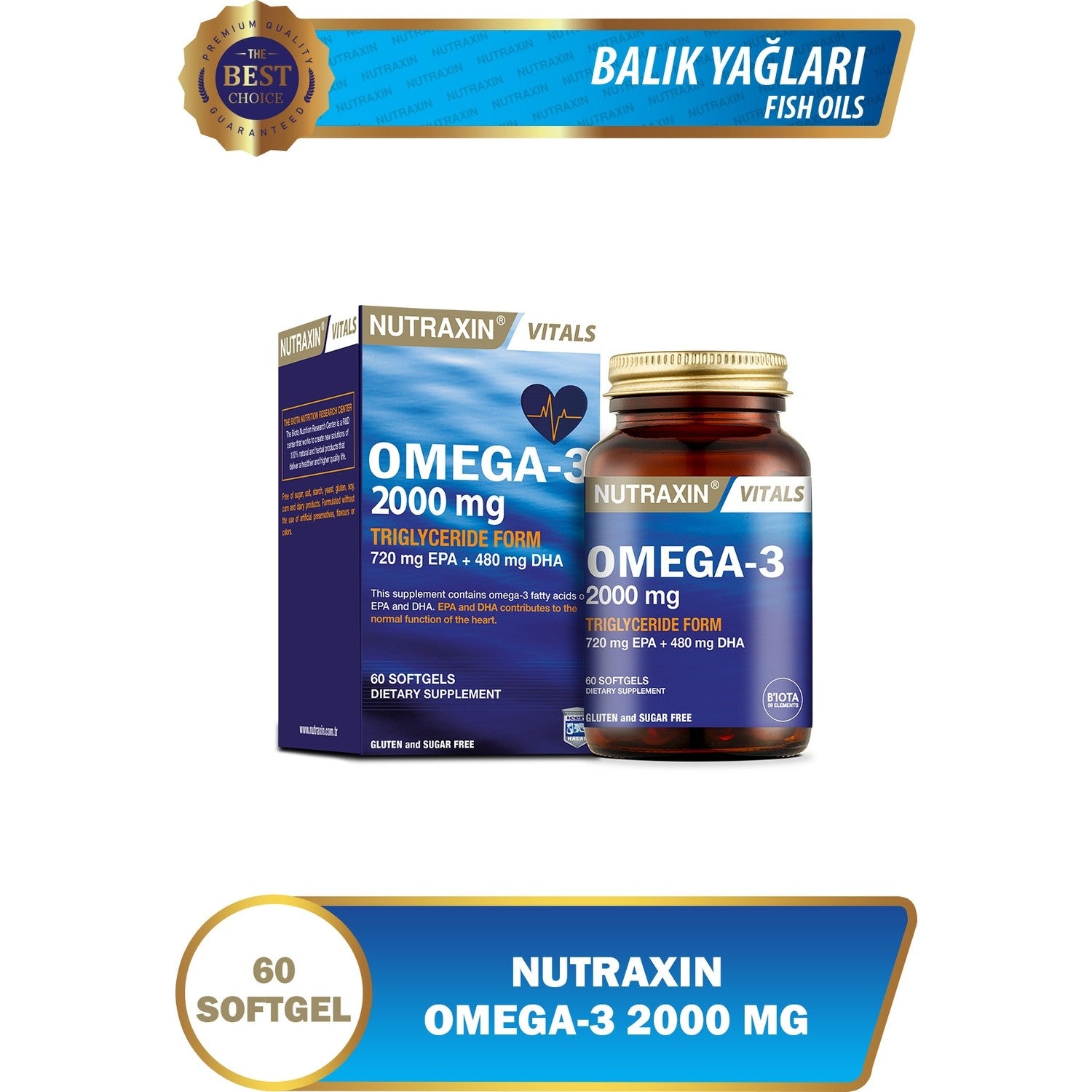 Nutraxin Omega 3 2000 Mg 60 Softgel - Fish Oil, EPA 720, DHA 480 Mg - MALLTURK