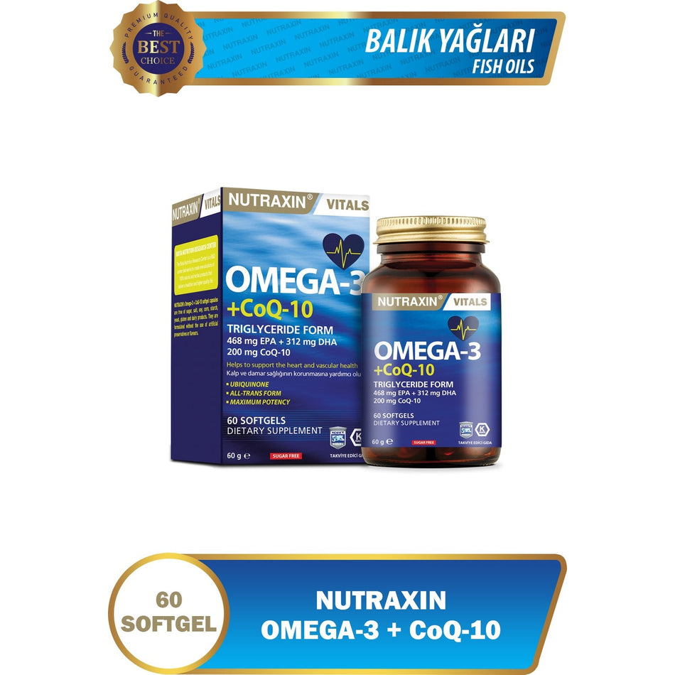 Nutraxin Omega-3 + CoQ10 60 Capsule | 1300 mg Fish Oil | EPA and DHA Destekli - MALLTURK