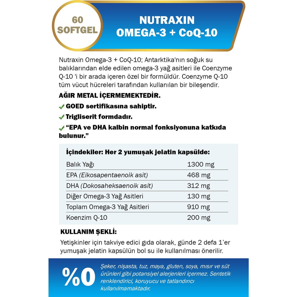 Nutraxin Omega-3 + CoQ10 60 Capsule | 1300 mg Fish Oil | EPA and DHA Destekli - MALLTURK