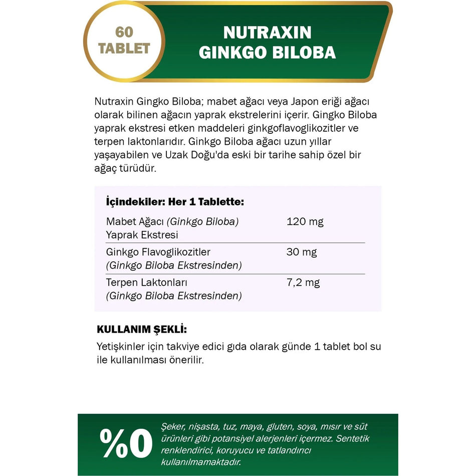 Nutraxin Ginkgo Biloba 120 mg 60 Tablet - MALLTURK