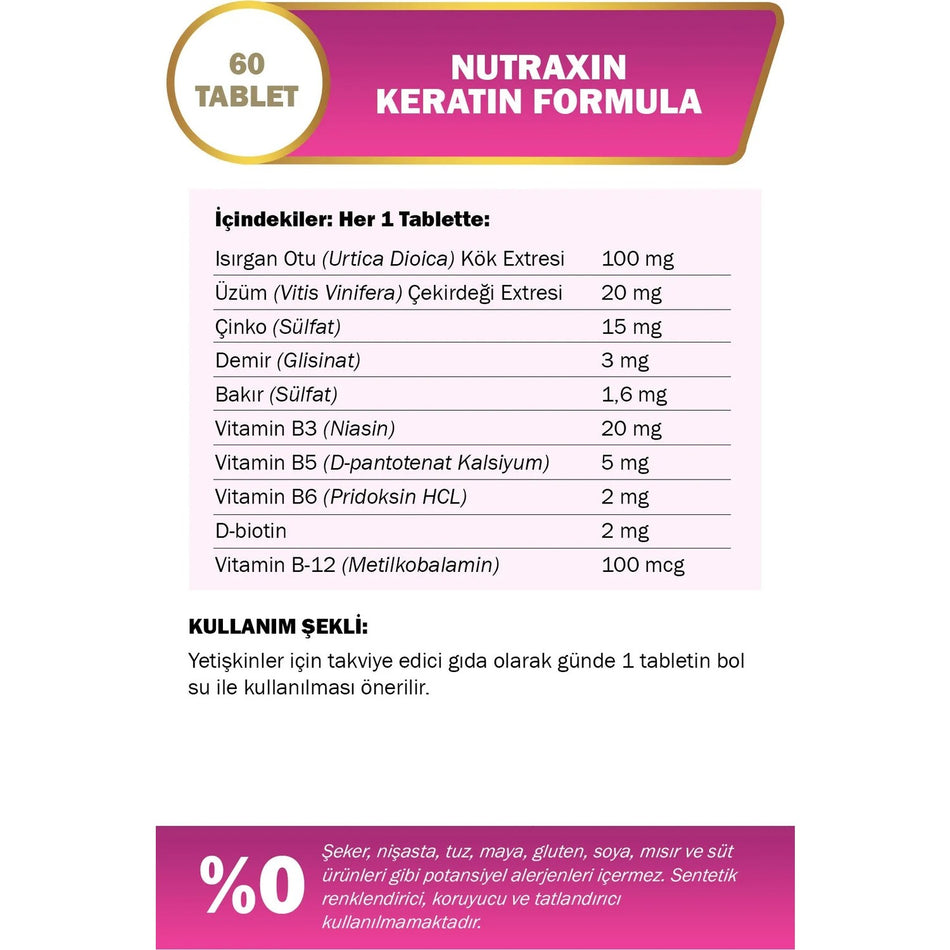 Nutraxin Keratin Formula Hair Nails Skin Dietary Supplement 60 Tablet - MALLTURK