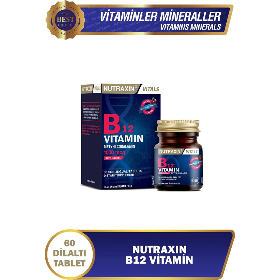 Nutraxin Vitamin B12 1000 mcg Sublingual 60 Tablet | Metilkobalamin | Hizli Emilim Dil Alti Form - MALLTURK