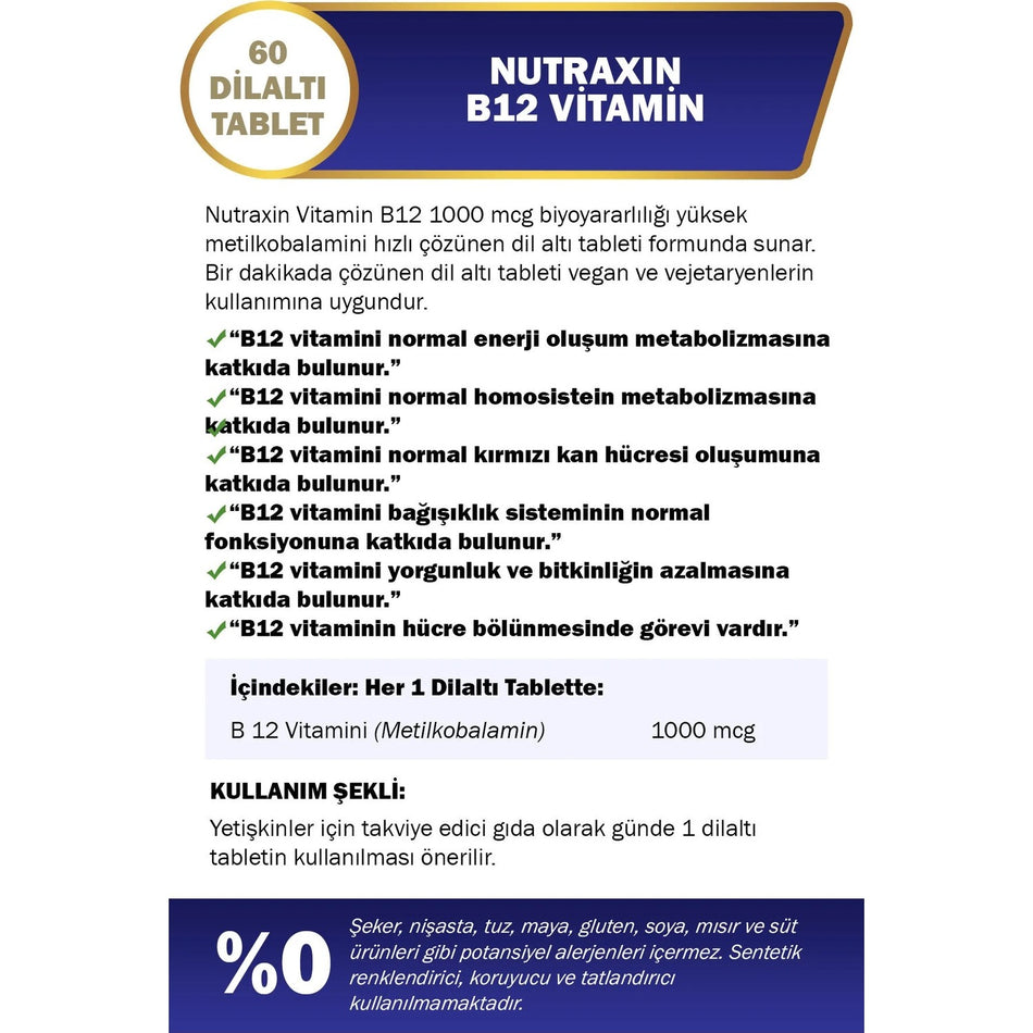 Nutraxin Vitamin B12 1000 mcg Sublingual 60 Tablet | Metilkobalamin | Hizli Emilim Dil Alti Form - MALLTURK