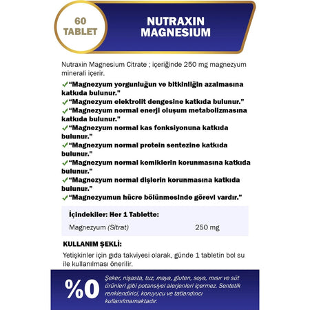 Nutraxin Magnesium Sitrat 250 mg 60 Tablet Glutensiz - MALLTURK