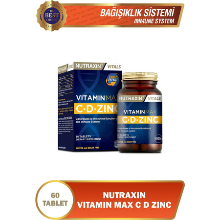 Nutraxin Vitamin Max C-D-Zinc 60 Tablet | 1000 mg C Vitamin + 1000 IU D3 + 10 mg Zinc - MALLTURK