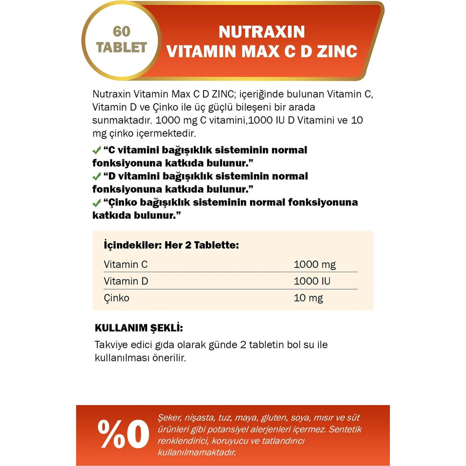 Nutraxin Vitamin Max C-D-Zinc 60 Tablet | 1000 mg C Vitamin + 1000 IU D3 + 10 mg Zinc - MALLTURK