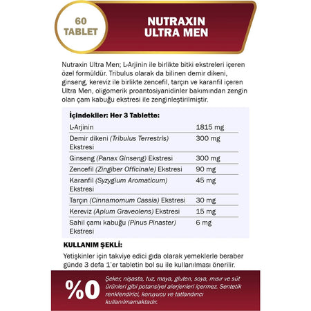 Nutraxin Ultra Men 60 Tablet - L-Arjinin, Ginseng, Zencefil, Iron dikeni, Tarcin - MALLTURK