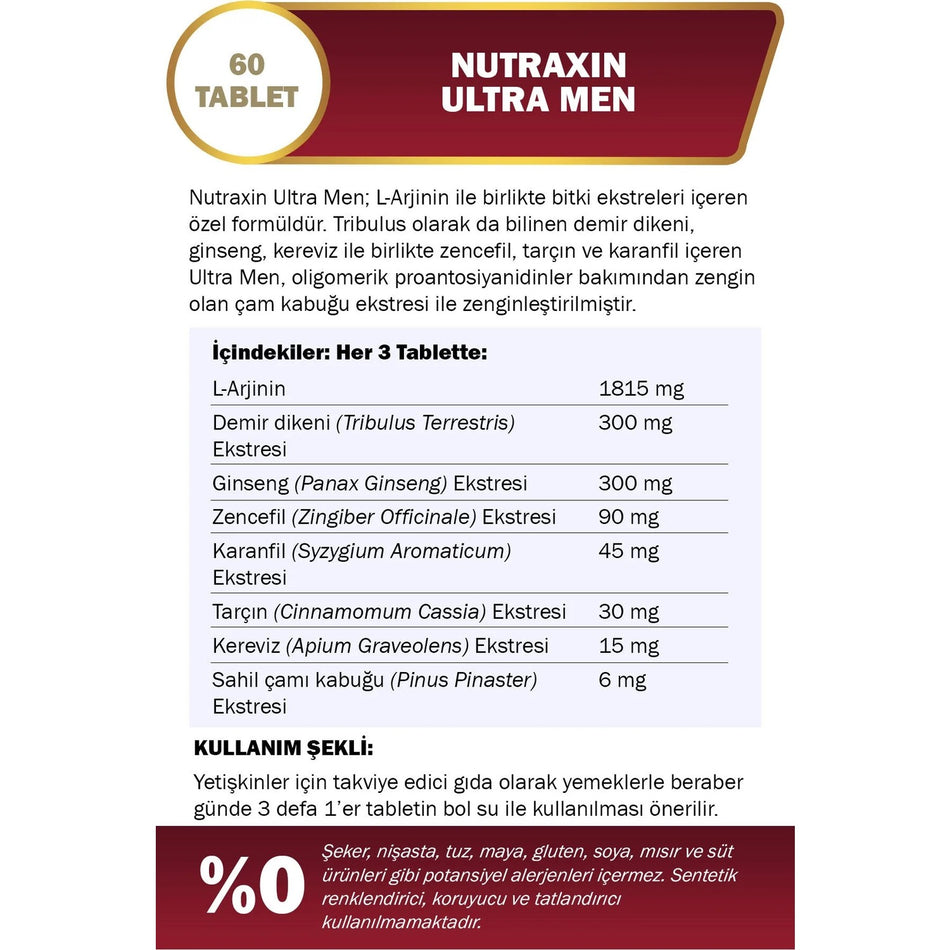 Nutraxin Ultra Men 60 Tablet - L-Arjinin, Ginseng, Zencefil, Iron dikeni, Tarcin - MALLTURK