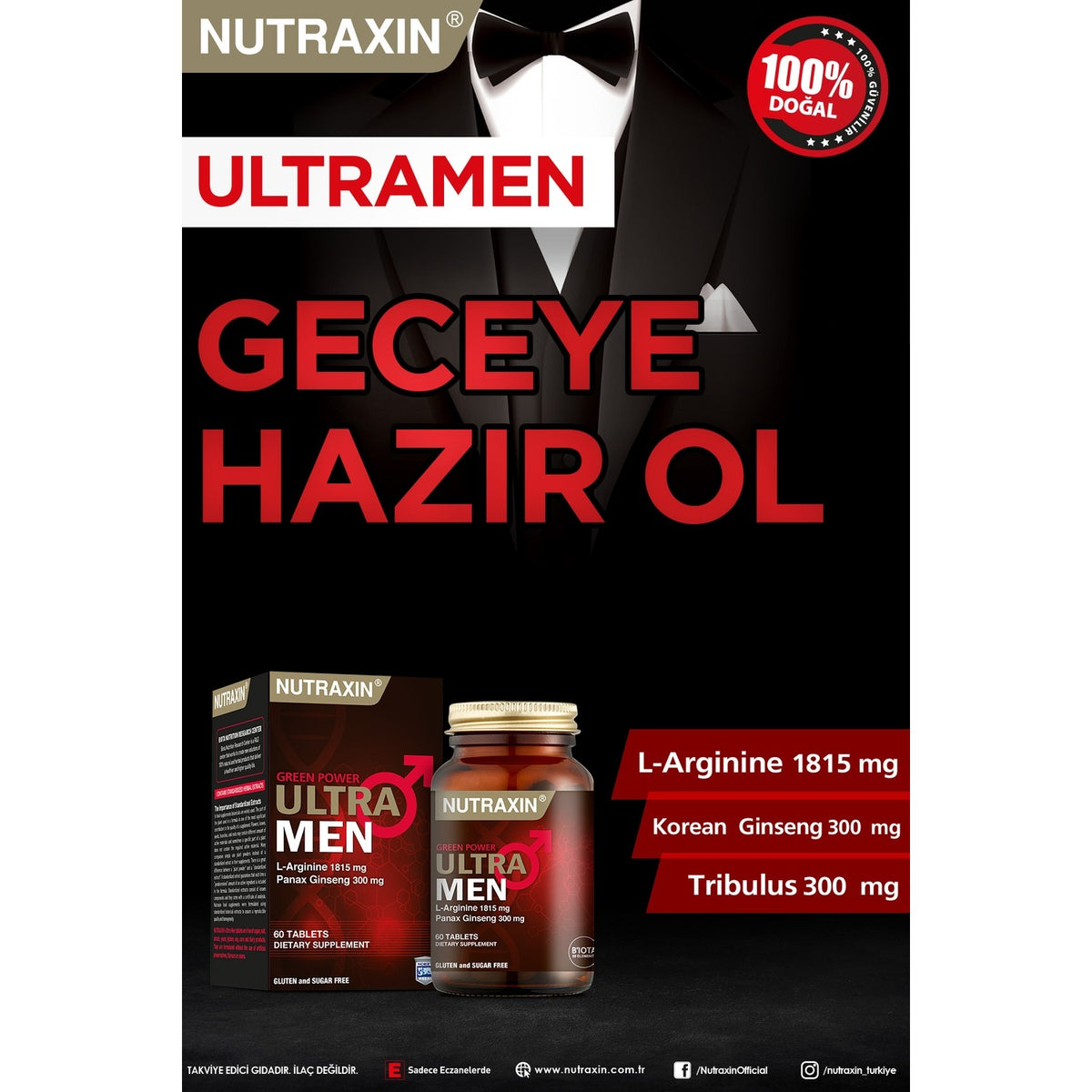 Nutraxin Ultra Men 60 Tablet - L-Arjinin, Ginseng, Zencefil, Iron dikeni, Tarcin - MALLTURK