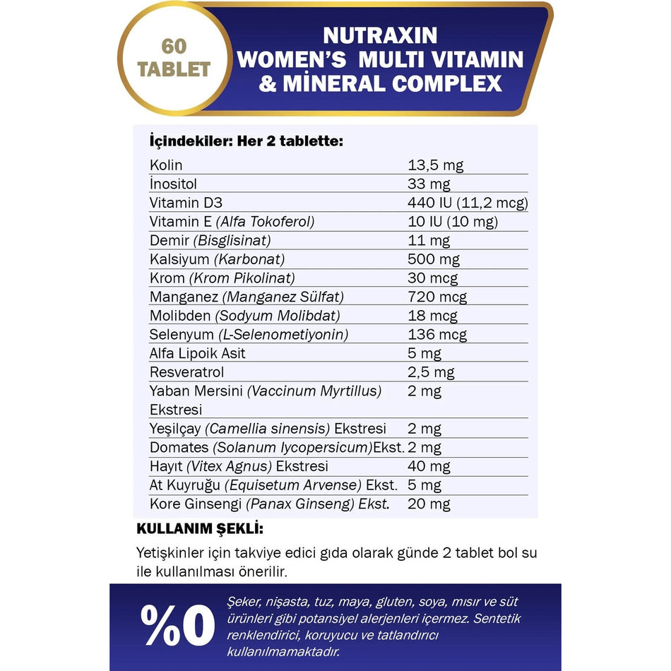 Nutraxin Women's Multi Vitamin Mineral Complex 60 Tablet - MALLTURK