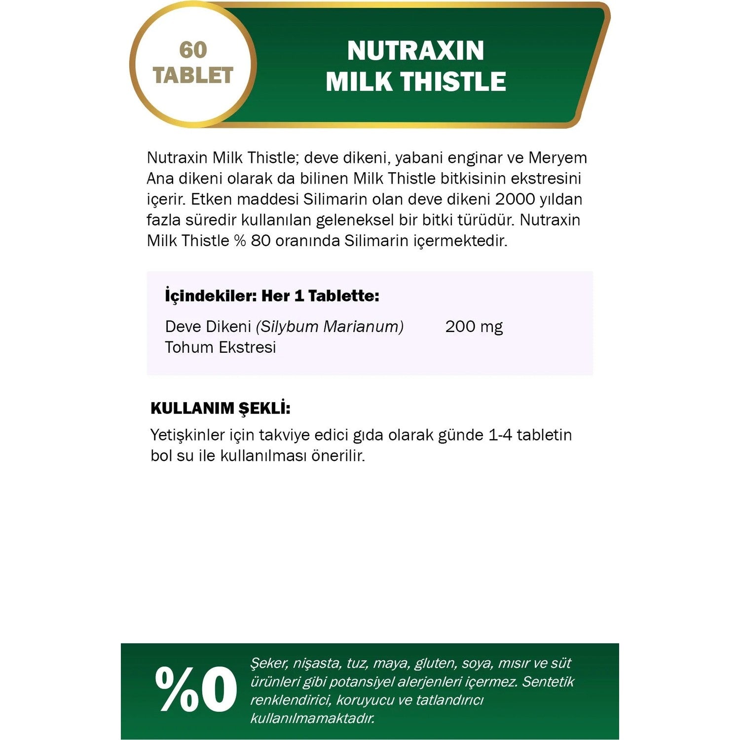 Nutraxin Milk Thistle 200 mg 60 Tablet Herbal Supplement Turkey Origin Ingredient Information - MALLTURK