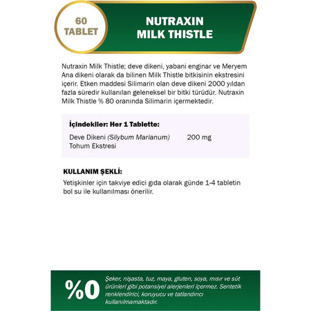Nutraxin Milk Thistle 200 mg 60 Tablet Herbal Supplement Turkey Origin Ingredient Information - MALLTURK