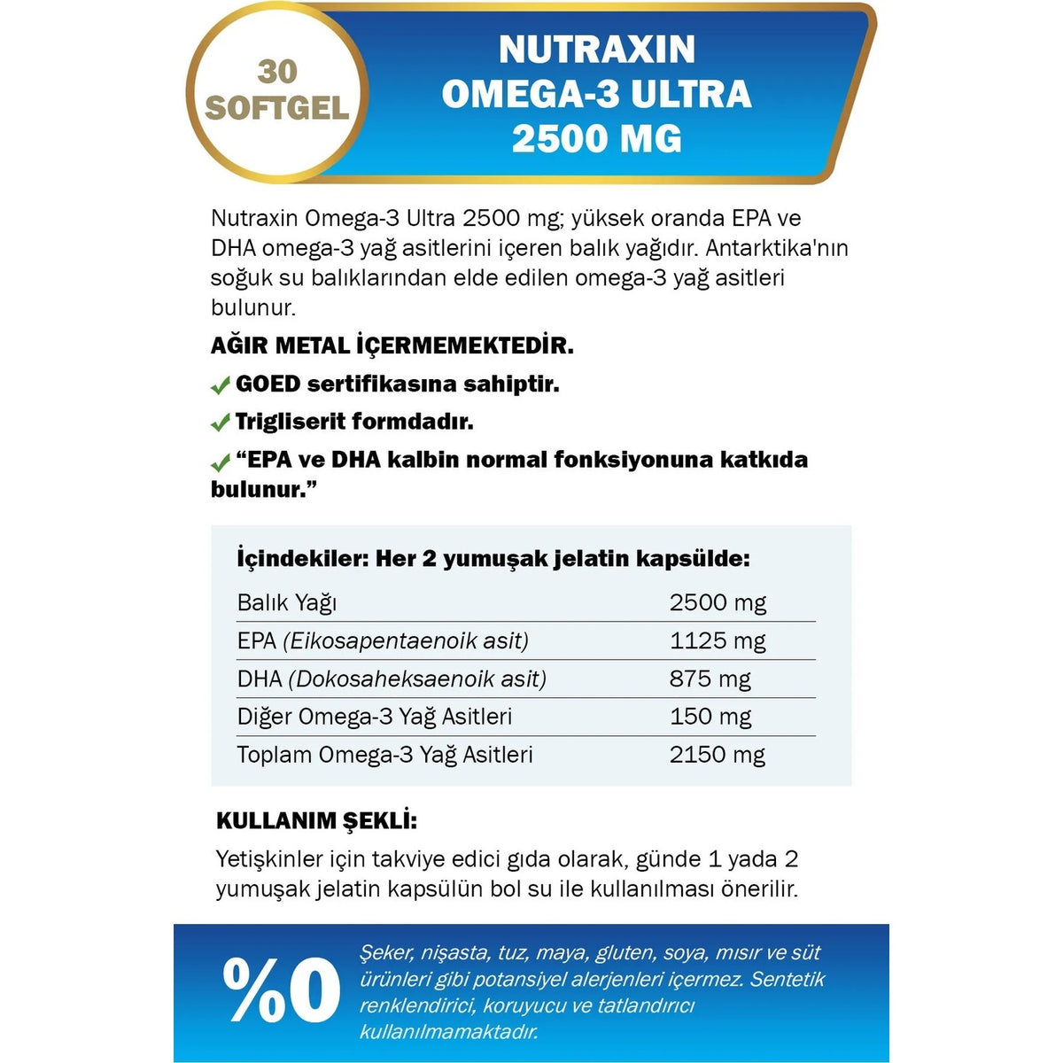 Nutraxin Omega3 Ultra 2500 Mg 30 Softgel - Fish Oil, EPA 1125, DHA 875 Mg - MALLTURK