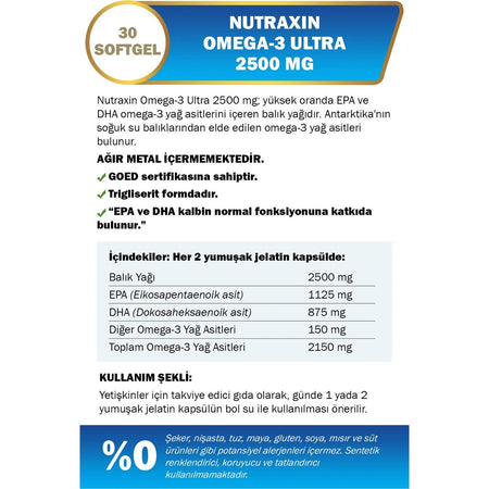 Nutraxin Omega3 Ultra 2500 Mg 30 Softgel - Fish Oil, EPA 1125, DHA 875 Mg - MALLTURK