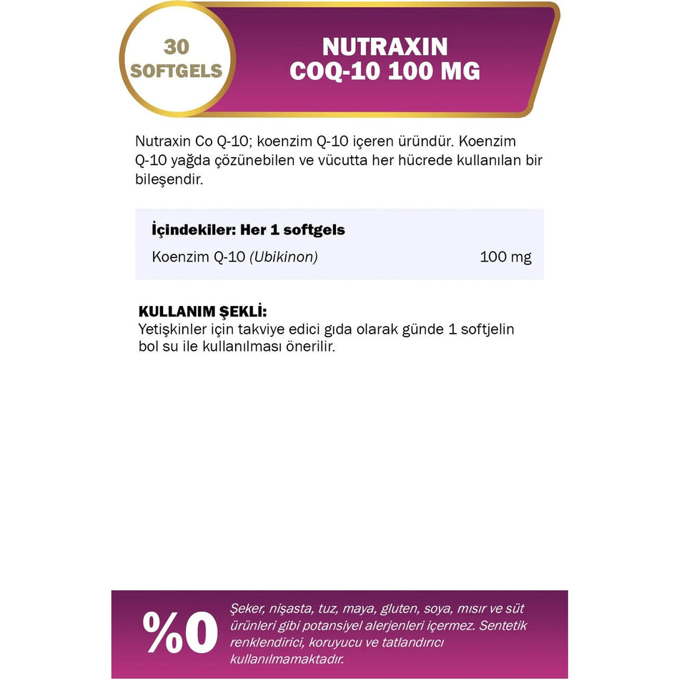 Nutraxin Koenzim Q10 100 Mg Dietary Supplement 30 Softgel - Coenzym, Coq10 - MALLTURK