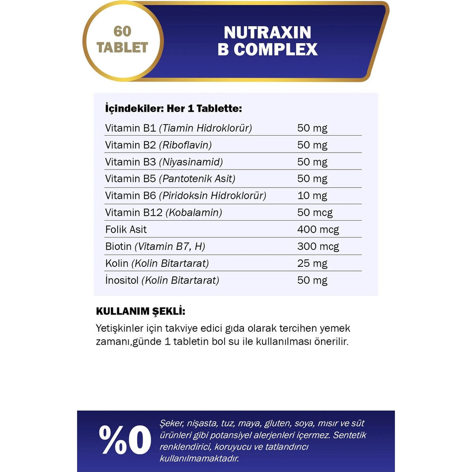 Nutraxin B Vitamin Complex 60 Tablet | 10 B Vitamin with Guclu Formul - MALLTURK