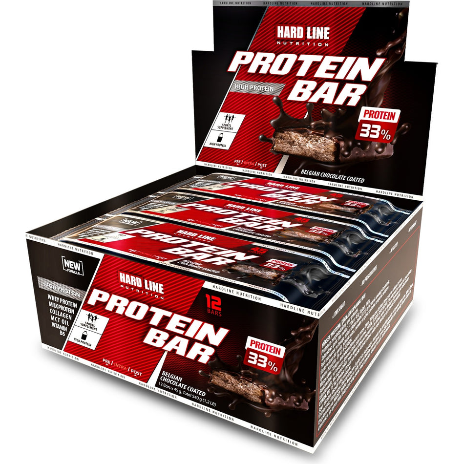 Hardline Nutrition Protein Bar, Boxed, 45g * 12 Bars (Belgian Chocolate Coated) - MALLTURK