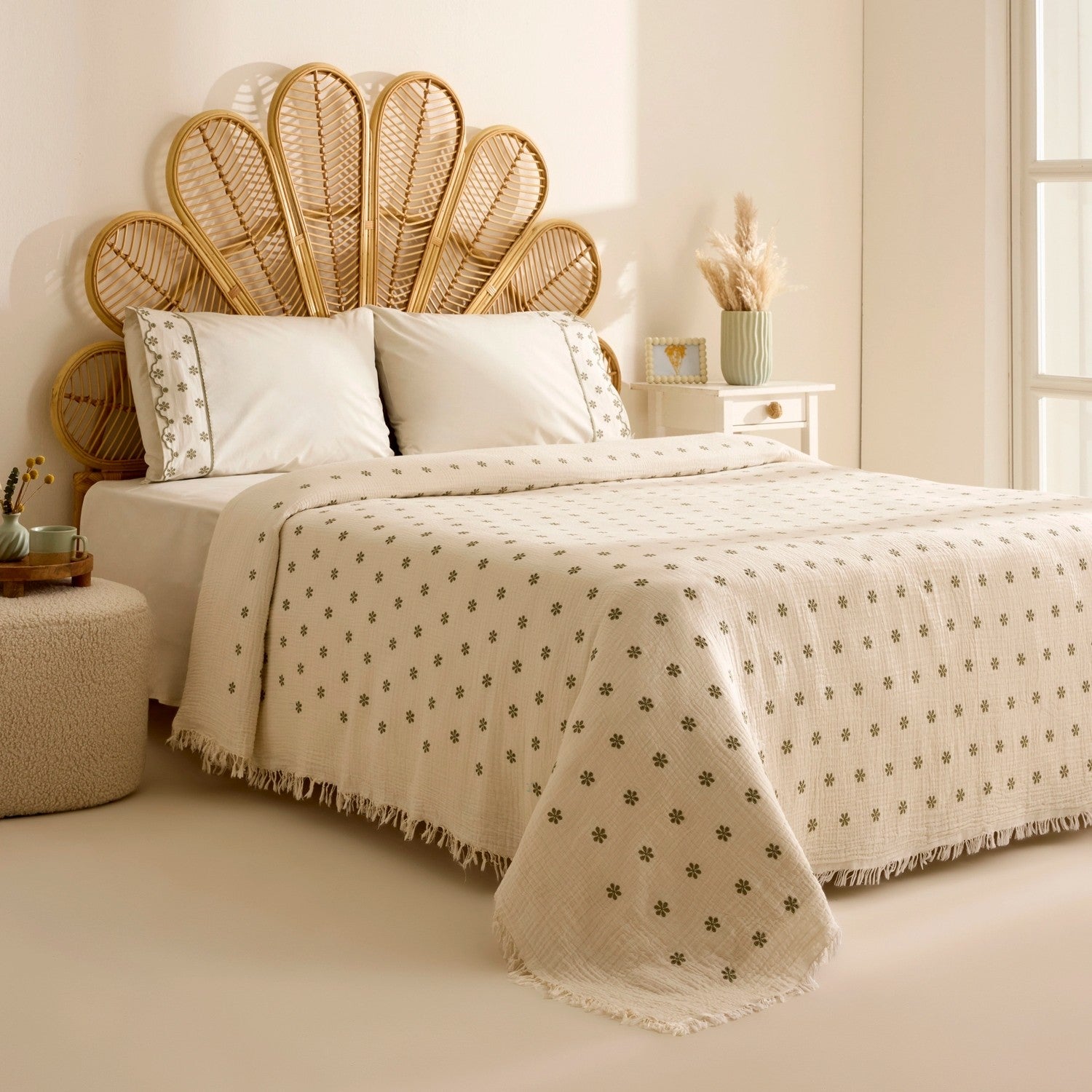 Karaca Home Carezza Embroidered Muslin Double Bed Quilt Set Green - MALLTURK