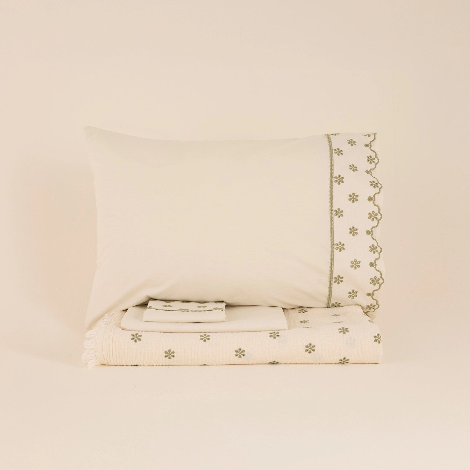 Karaca Home Carezza Embroidered Muslin Double Bed Quilt Set Green - MALLTURK