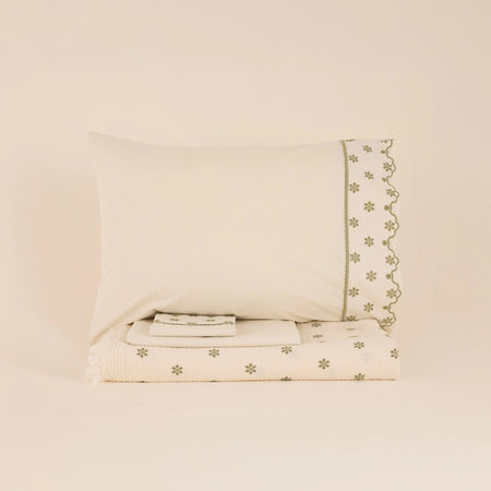 Karaca Home Carezza Embroidered Muslin Double Bed Quilt Set Green - MALLTURK