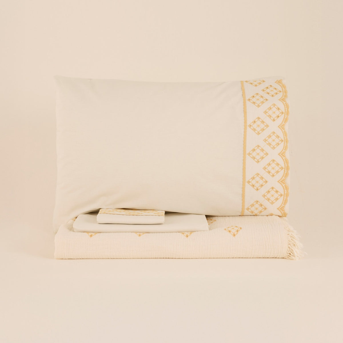 Karaca Home Nobile Embroidered Muslin Double Bed Quilt Set Yellow - MALLTURK