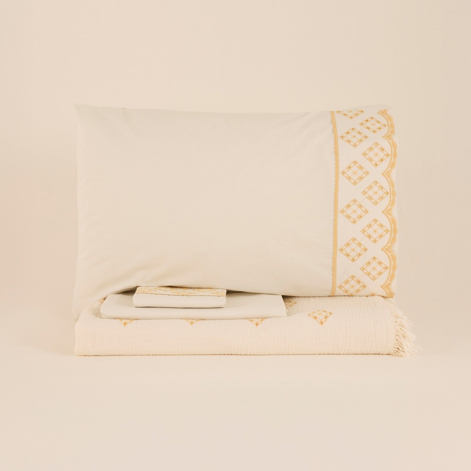 Karaca Home Nobile Embroidered Muslin Double Bed Quilt Set Yellow - MALLTURK