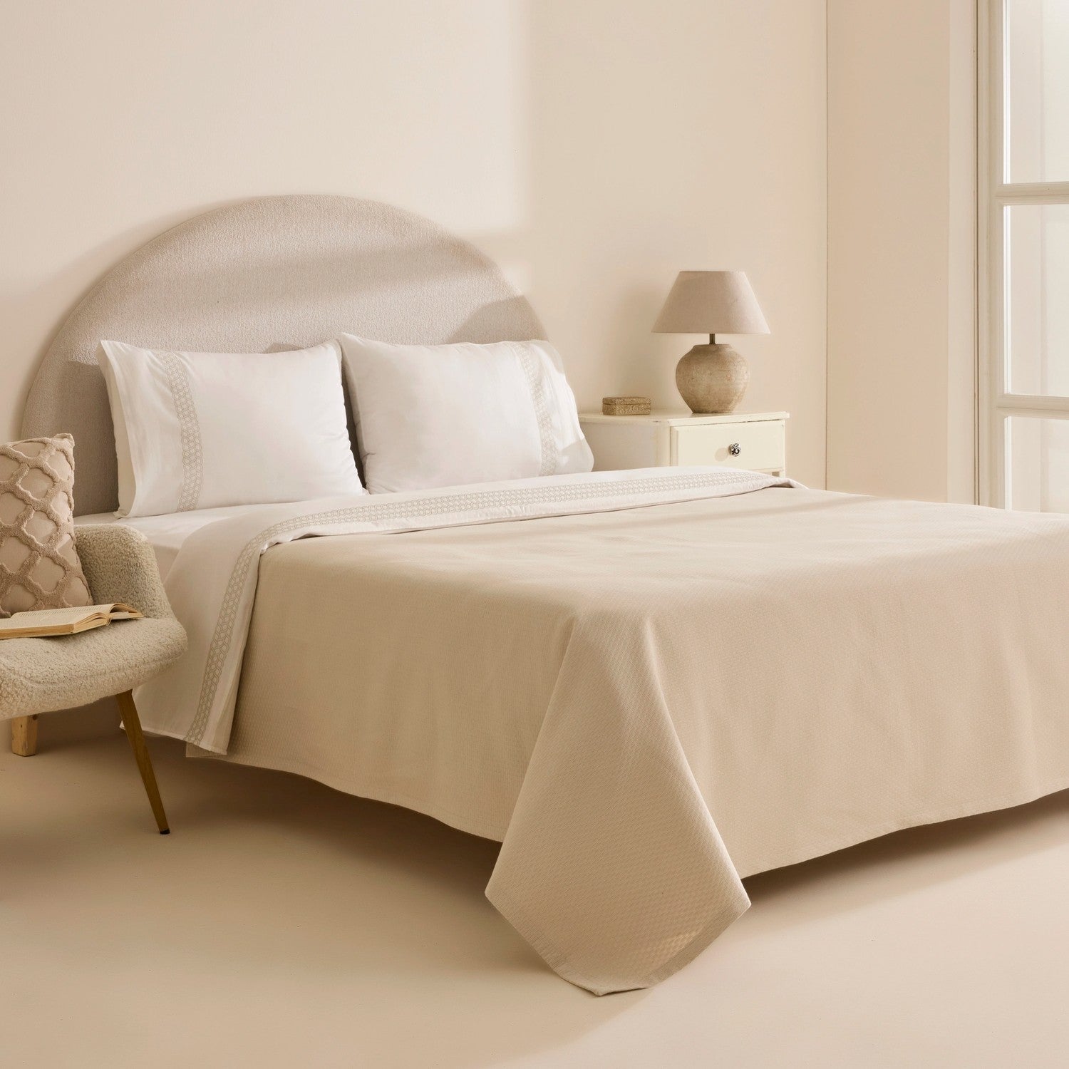 Karaca Home Linnea 100% Cotton Embroidered Double Bed Quilted Bedding Set, Beige - MALLTURK