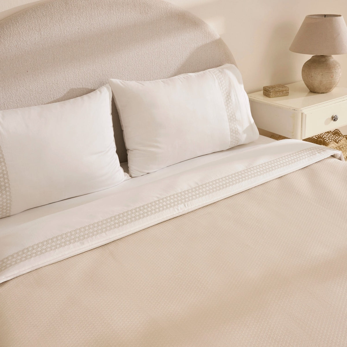 Karaca Home Linnea 100% Cotton Embroidered Double Bed Quilted Bedding Set, Beige - MALLTURK