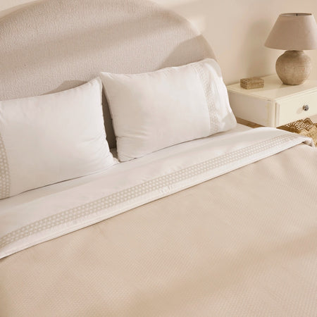 Karaca Home Linnea 100% Cotton Embroidered Double Bed Quilted Bedding Set, Beige - MALLTURK