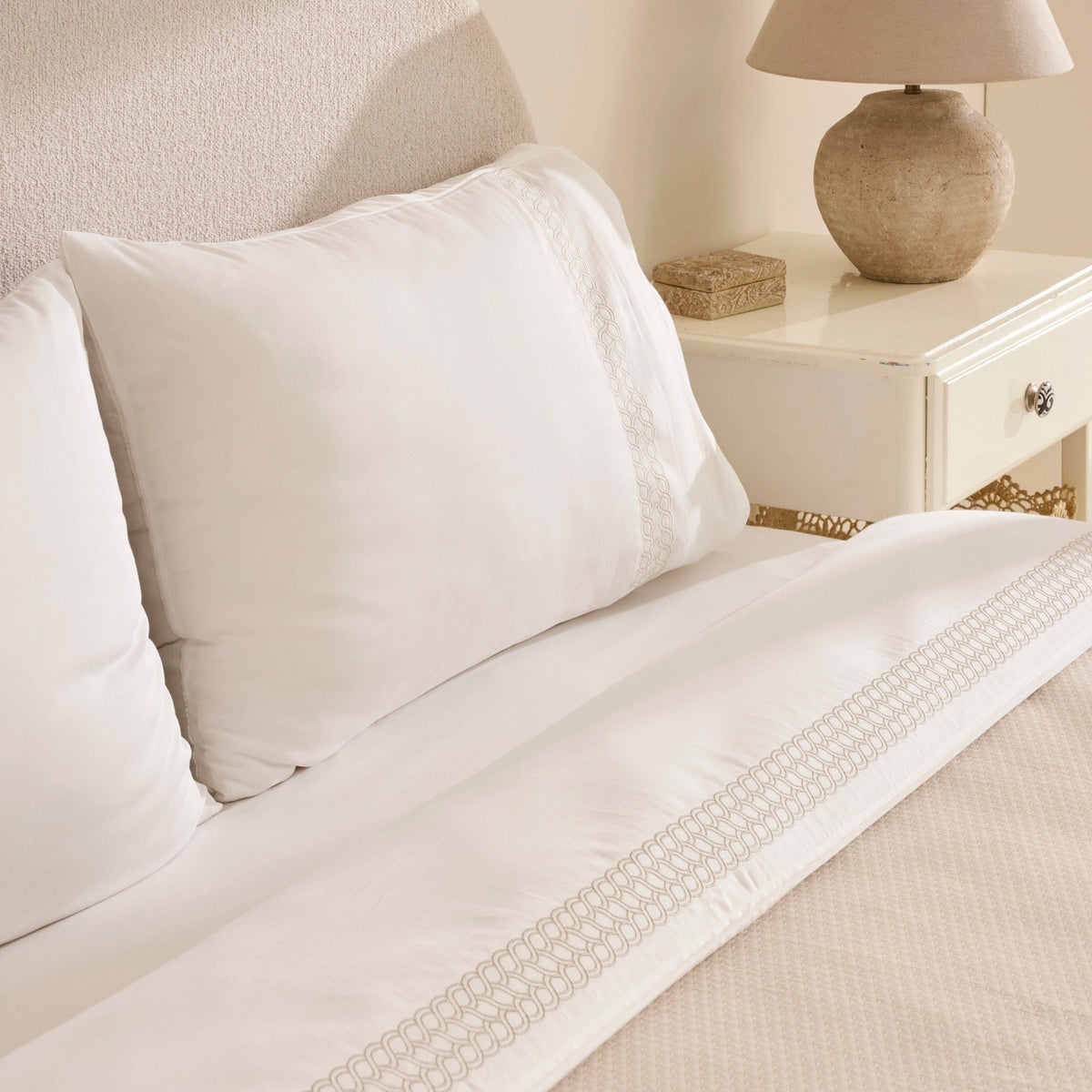 Karaca Home Linnea 100% Cotton Embroidered Double Bed Quilted Bedding Set, Beige - MALLTURK