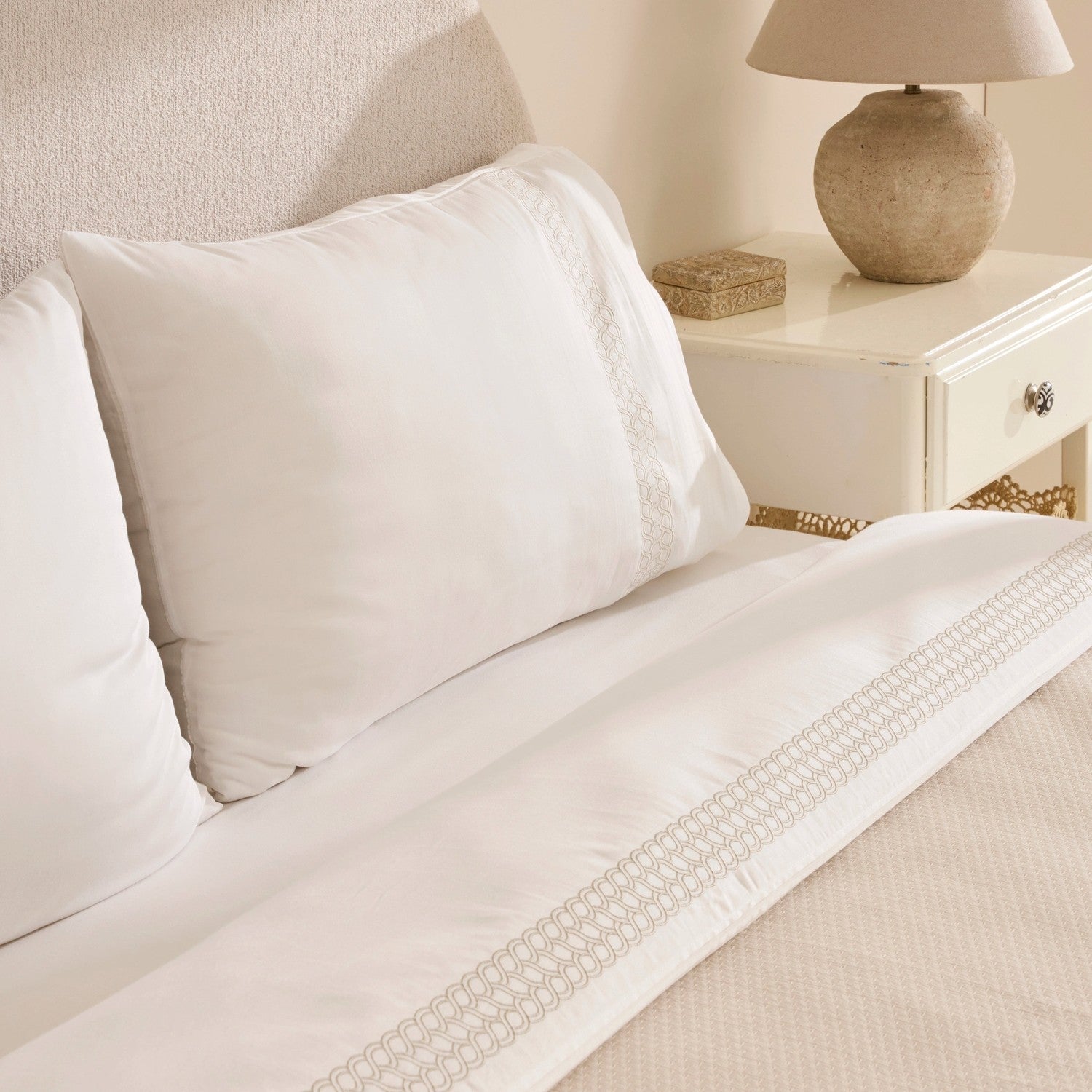 Karaca Home Linnea 100% Cotton Embroidered Double Bed Quilted Bedding Set, Beige - MALLTURK