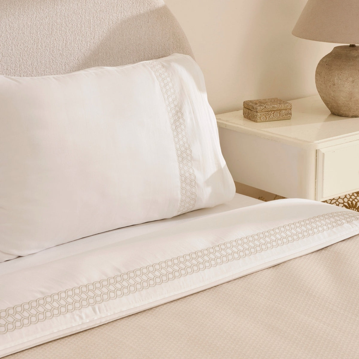 Karaca Home Linnea 100% Cotton Embroidered Double Bed Quilted Bedding Set, Beige - MALLTURK