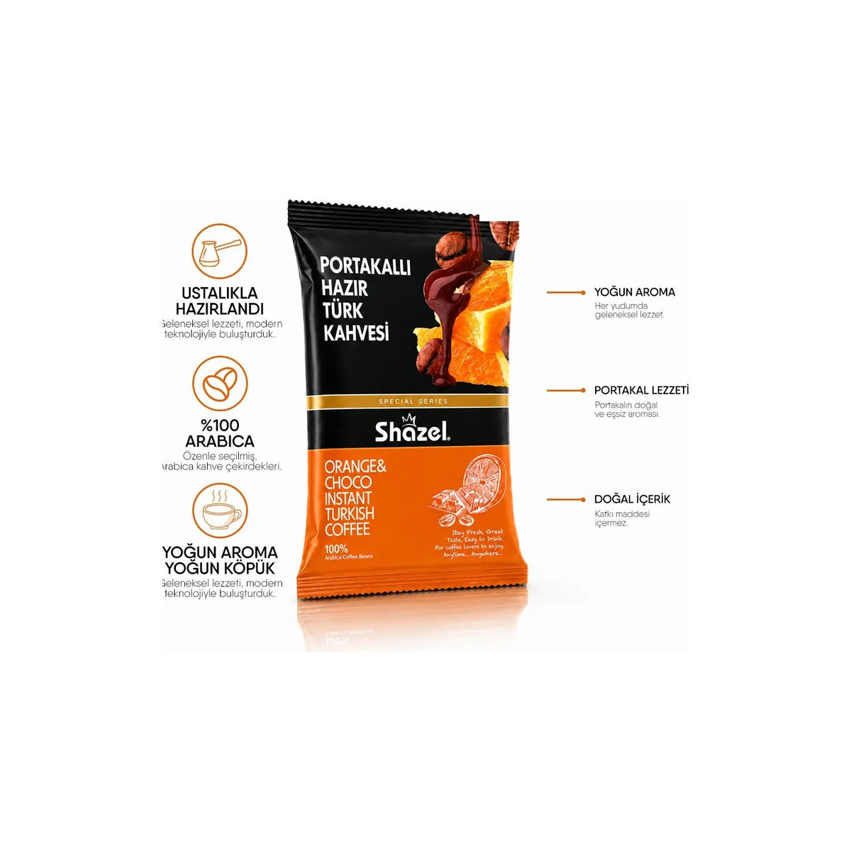 Shazel Orange Flavored instant Turkish Coffee 100 GR x 6 Packs (Flavored) - MALLTURK