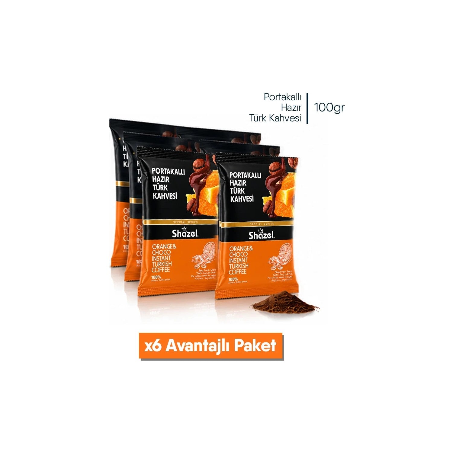 Shazel Orange Flavored instant Turkish Coffee 100 GR x 6 Packs (Flavored) - MALLTURK