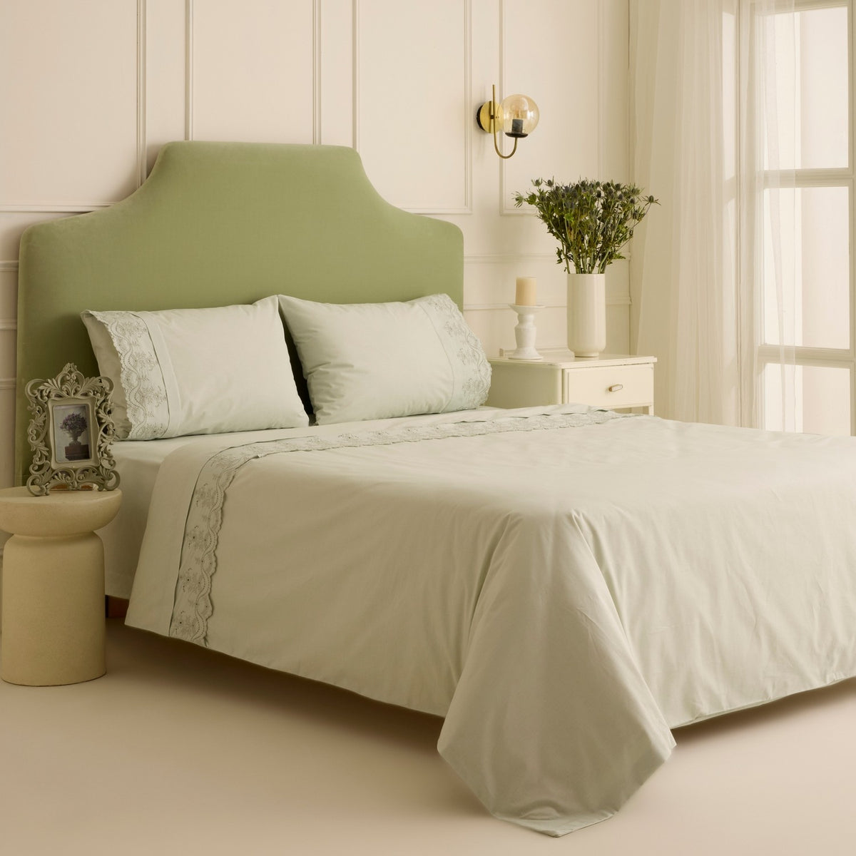 Karaca Home Avellina Embroidered Double Duvet Cover Set Sage Green - MALLTURK