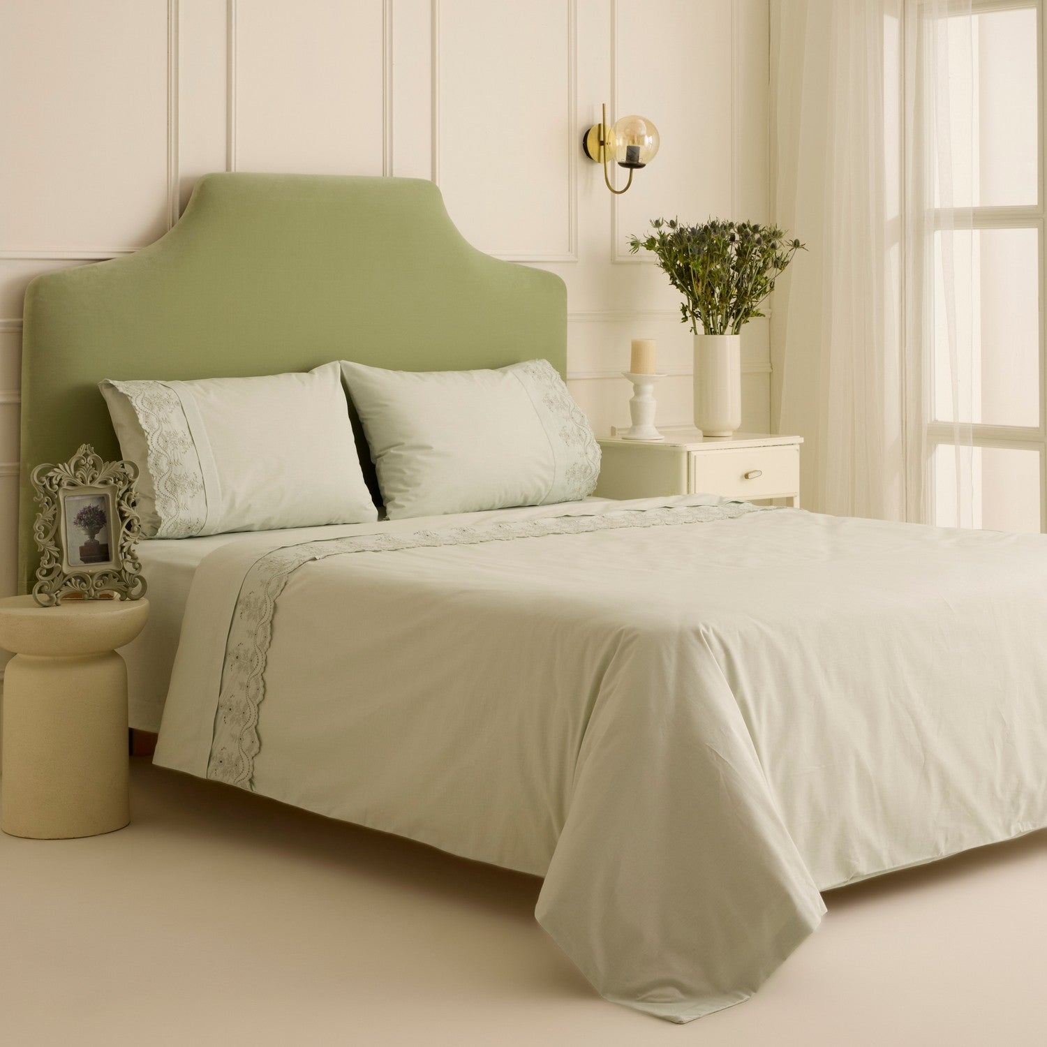 Karaca Home Avellina Embroidered Double Duvet Cover Set Sage Green - MALLTURK