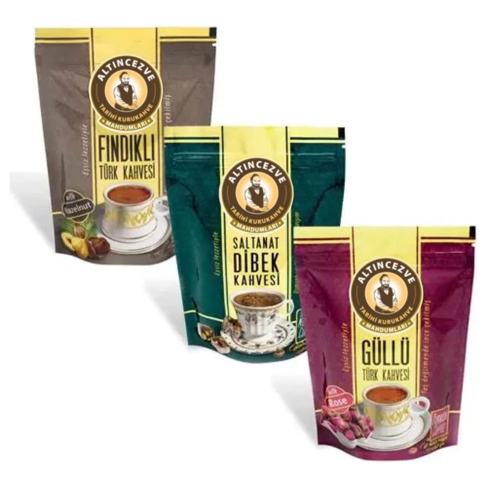 AltincezveKeyif Package 1 Hazelnut + Dibek + Rose Flavored Turkish Coffee 3 x 100 Gr - MALLTURK