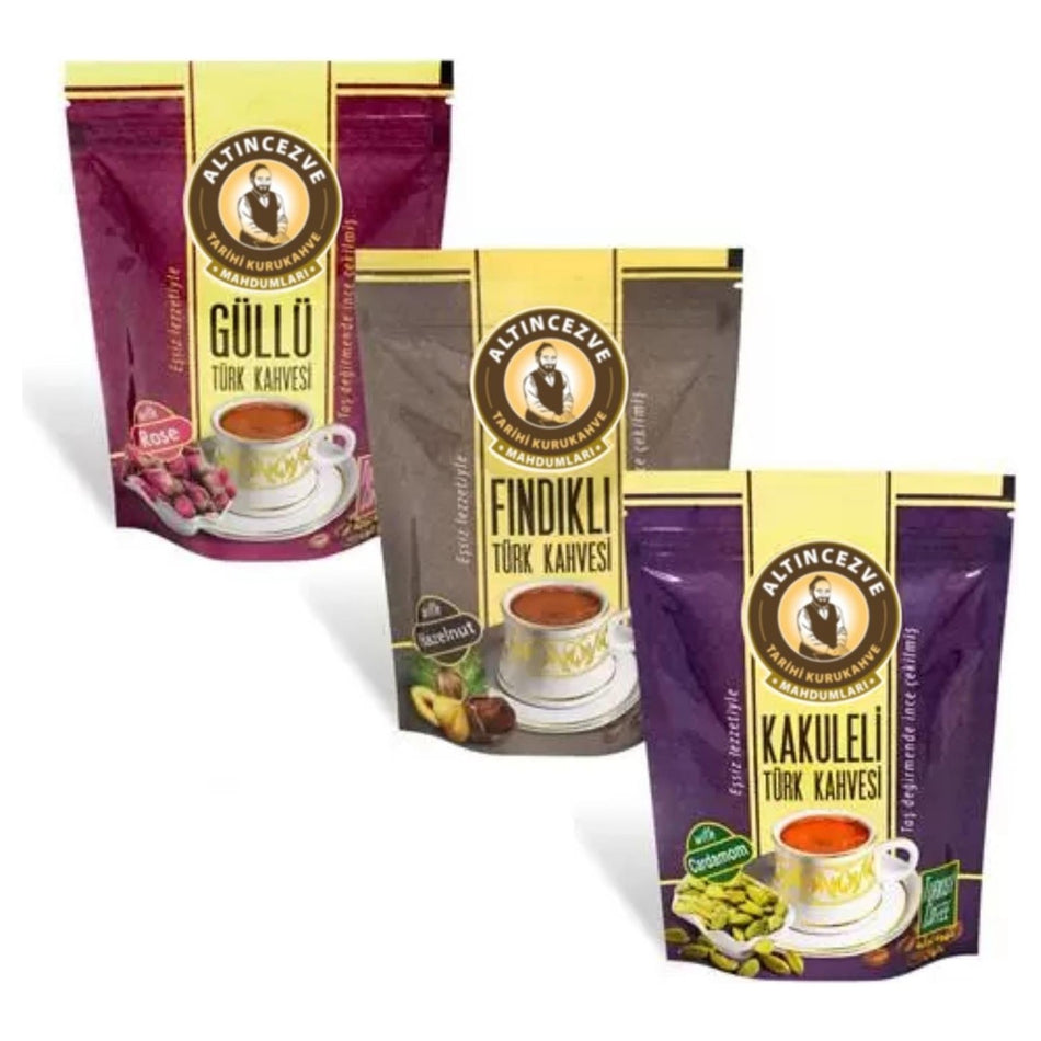 AltincezveKeyif Package 2 Rose + Cardamom + Hazelnut Turkish Coffee 3 x 100 Gr - MALLTURK