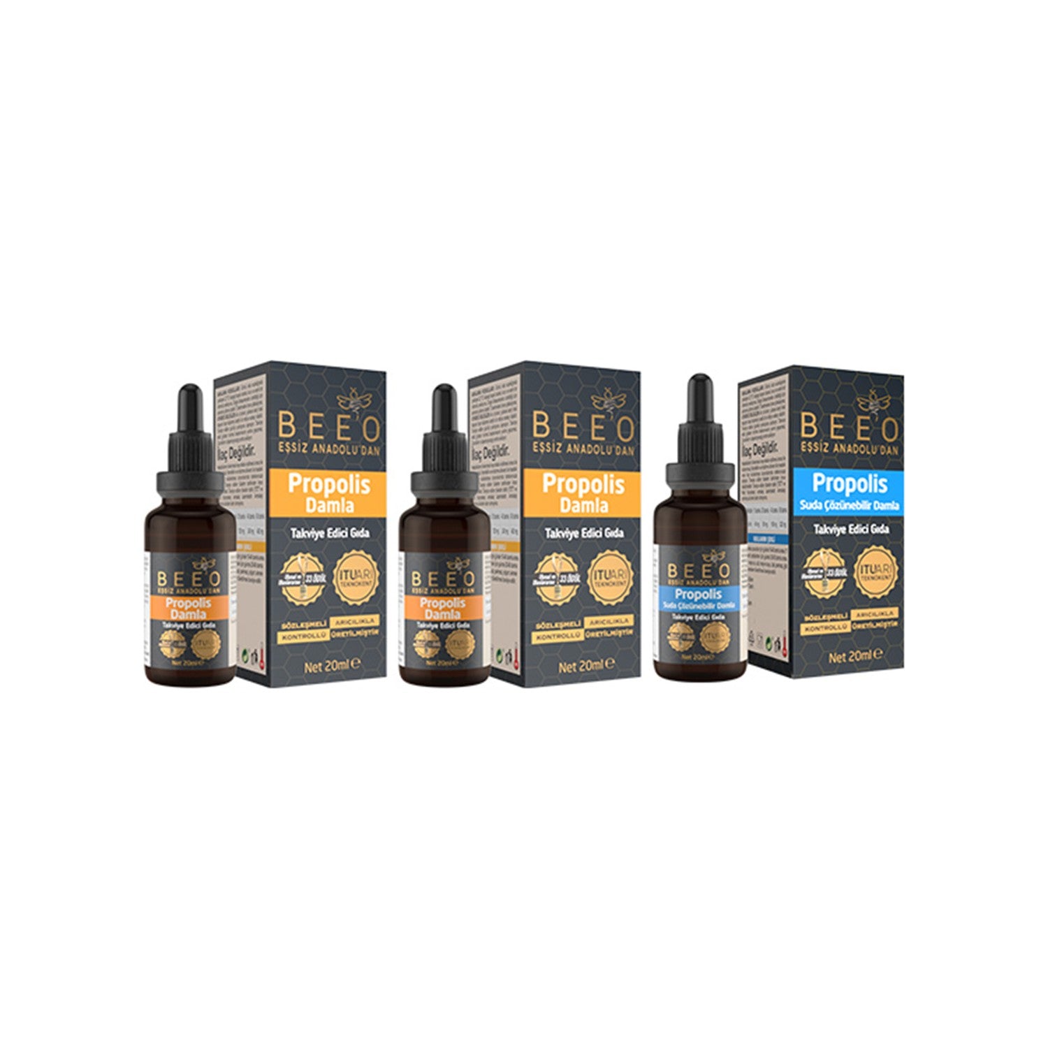 BEE'O 2-Pack 20 ml Propolis Drops and 1-Pack 20 ml Water-Soluble Drops 60 ml Natural Ingredients