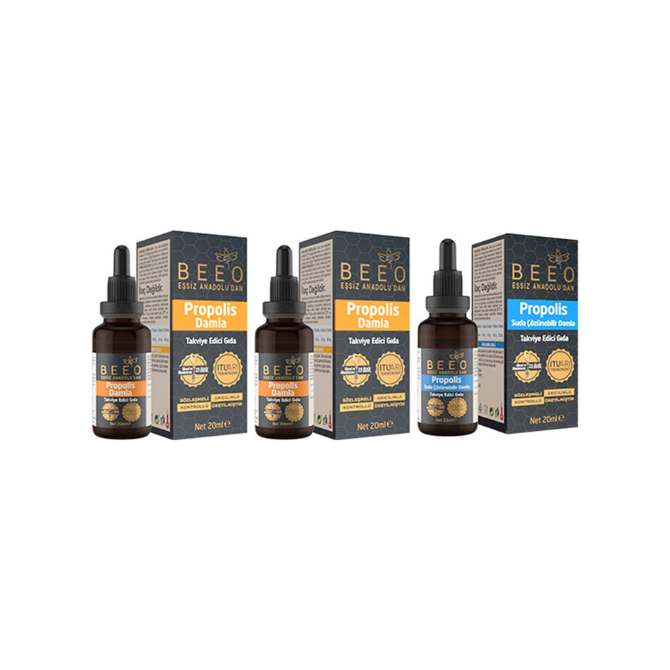 BEE'O 2-Pack 20 ml Propolis Drops and 1-Pack 20 ml Water-Soluble Drops 60 ml Natural Ingredients - MALLTURK