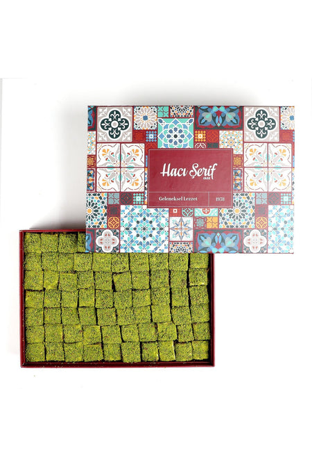 Haci serif ici disi Pistachio Chocolate bohca Turkish Delight motif desenli kutu - MALLTURK