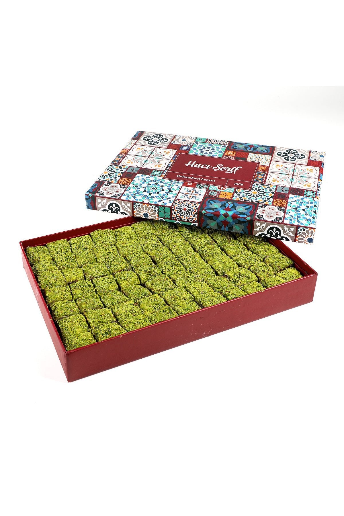 Haci serif ici disi Pistachio Chocolate bohca Turkish Delight motif desenli kutu - MALLTURK